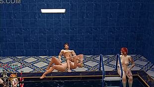 Transsexual Brunette And Blonde Engage In Hardcore Pool Sex With Redhead