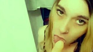 gorgeous tranny likes to get dicks hard on her knees