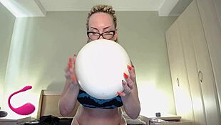 fat curvy looner blows white balloon to pop it for fun 😊
