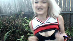 blonde cheerleader slut rides big black cock in uniform. her mouth and pussy get slammed hard.