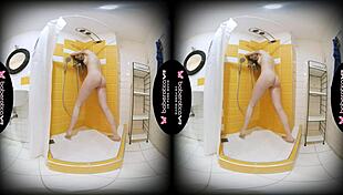 Solo babe Isabel Stern fingers pussy in bathroom in VR