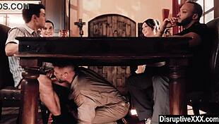 Gay guy feels intense pleasure as dick sucked at dinner