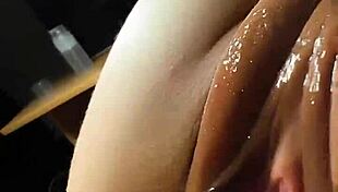 Hey, she smeared her hairy pussy with cum in the garage and pushed it inside! 😈