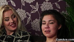 Wicked babe gets a hot cumshot on her face, swallowing every drop of jism.