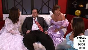 Smallcock businessman, you won't believe how these glamour CFNM femdoms jerk him off! 😜