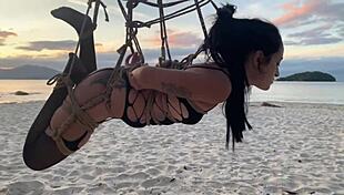 Shibari at sunset with Lari, her small tits and pussy exposed in the ropes.
