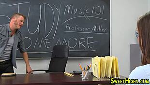 The brunette coed in uniform gives a blowjob before fucking the teen.