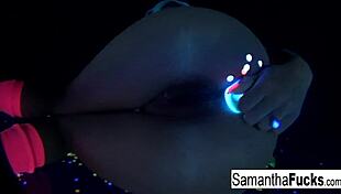 In this solo video we see Samantha Saint's big tits and ass glow in the dark