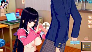 Eastern Touhou Kaguya gets big tits rubbed in 3D anime handjob blowjob scene