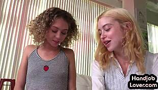 Petite Girlfriend Tugging Boyfriend's Cock With Best Friend's Help In Closeup