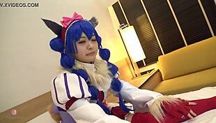 In this hentai cosplay, a cute blue-haired cosplayer gets soaking wet during fingering, blowjob, and riding, leading to massive squirting and cumshot