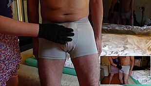 femdom squeezes cock over pants, slaps before cum, teases 😈