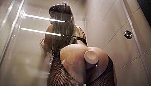 She rides a monster dildo in the bathroom, sexy ass bouncing