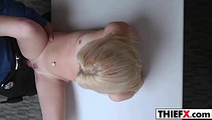 hey, this blonde teen burglar gets punished with a monster cock blowjob in the garage at work