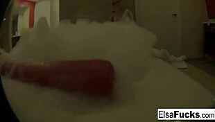 sexy elsa jean touches her small tits in bubble bath
