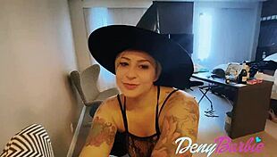 Feeling the excitement as two witches play with the big black cock on halloween.