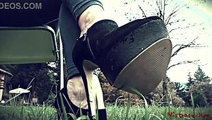 You feel like a dirty worm under the mistress's feet. Shoes and fetish play dominate the scene.