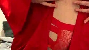 brunette in red lingerie touches her big tits and ass 😘