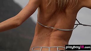 Extra skinny blonde Italian Francy Torino rips clothes while undressing in outdoor beach striptease