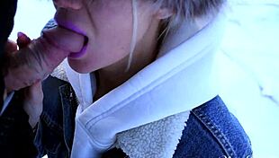 sexy blonde slut gives pov blowjob outside in snow