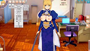 In this hentai game, Fate's Altria Pendragon gets her big tits rubbed intensely by the player. 3D CG anime brings the action to life.