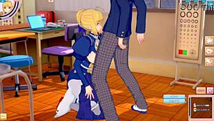 In this hentai game, Fate's Altria Pendragon gets her big tits rubbed intensely by the player. 3D CG anime brings the action to life.