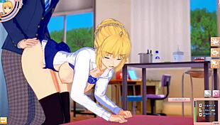 In this hentai game, Fate's Altria Pendragon gets her big tits rubbed intensely by the player. 3D CG anime brings the action to life.