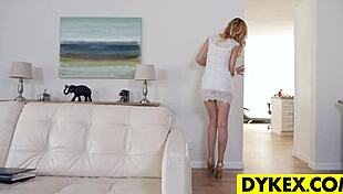 I'm teaching this lesbian slut how to lick, but I messed up the strapon