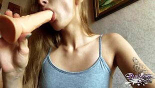 hot russian girl fucks her tight pussy before blowjob