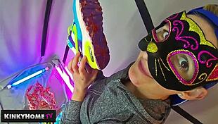 She crushes food with dirty sneakers in this European fetish video