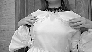 Look At That Big Girl In Dress And Stockings Get A Huge Load Of Cum On Her Pussy!