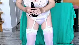 Mariaold Shakes Huge Natural Tits In Stockings.