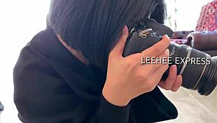 Leehee poses as an express model in a photoshoot.