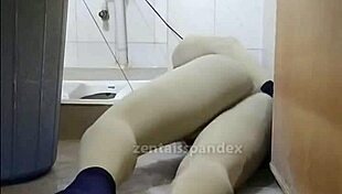 Zentai Slave Bound In Toilet Bondage, Femdom Controls Penis