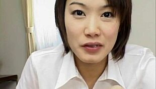 Hot Japanese secretary feels intense pleasure blowing her boss at the office.