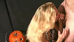hot blonde witch deepthroats mummy's cock and gets a massive cum facial