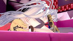 Cute blonde fischl eats ningguang's ass then strapon fucks her bent over cowgirl style