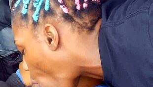 Sexy black milf teases daddy with blowjob in car