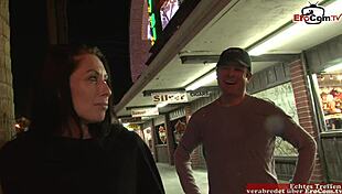 Brunette Slut in Fishnet Stockings Craves Naughty Street Cumshot Action.