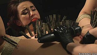 shackled lesbian slaves crawl with butt plugs and choking!