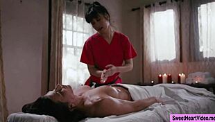 Jade licks and kisses Ariel in lesbian massage, reaching orgasm.