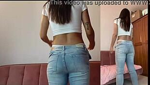 Pretty girl with big tits and ass worships denim jeans in intense fetish play!