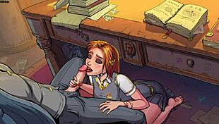 Innocent witch Ginny Weasley gives intense blowjob on desk