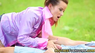 Clothed glamour babe in stockings gets messy cumshot after handjob