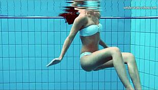 Hot Brunette Tits And Shaved Pussy Underwater In Public Pool