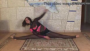 in the gym, the flexible teen stretches her legs and shows huge tits