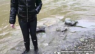 Wife in Hunter Wellies and Tight Leather Leggings Filmed