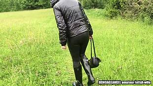 Wife in Hunter Wellies and Tight Leather Leggings Filmed