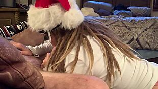 Is the masked cutie sucking cock in stockings during the holiday?