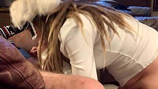 Is the masked cutie sucking cock in stockings during the holiday?